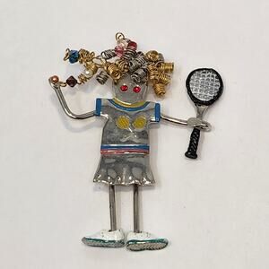 Carrette by Ganz Tennis Player Brooch Pin Articulated Girl Figural Silver Tone